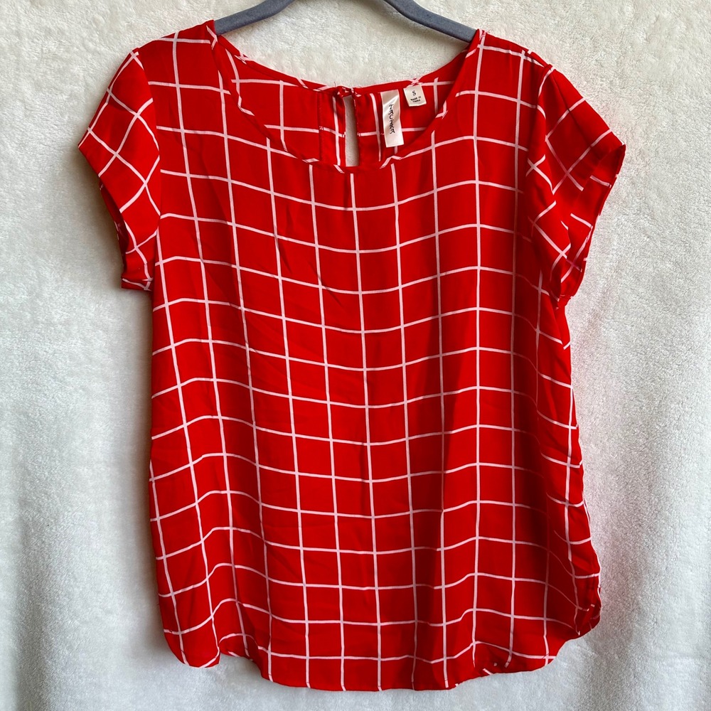 Tacera Red White Windowpane Plaid Short Sleeve Blouse Size Small